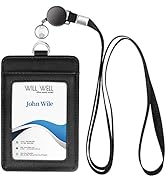 Genuine Leather ID Badge Holder with Retractable Lanyard, Retractable Badge Reel Nylon Lanyard an...