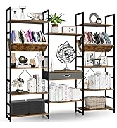 NUMENN Triple Wide 5 Tier Bookshelf, Adjustable Rustic Industrial Style Book Shelves, Modern Book...
