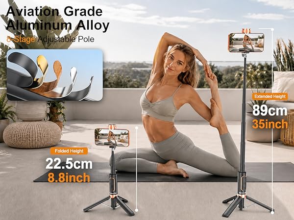 Selfie stick tripod with 8-stage adjustable aluminum alloy pole and flexible height adjustment