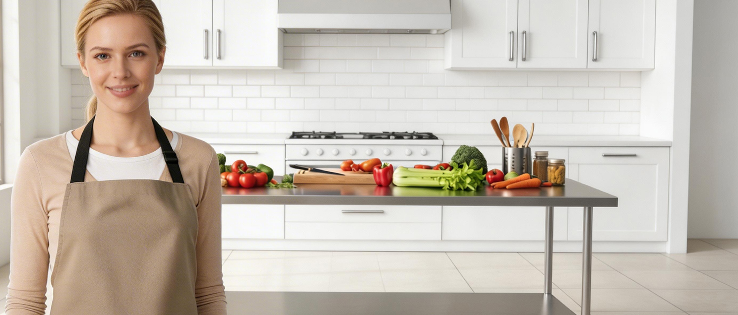 A white American woman in a light brown apron stands smiling in a bright, spacious kitchen.