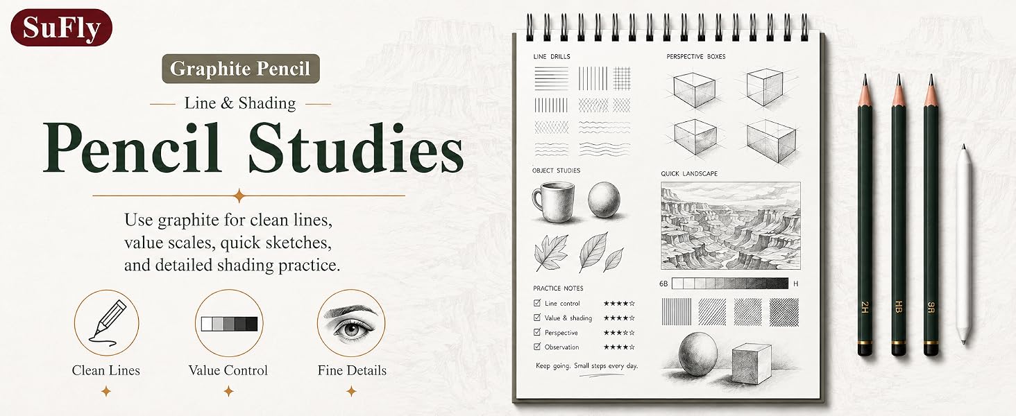 SuFly pencil sketchbook with line drills, value scales, hatching, forms, and shading.