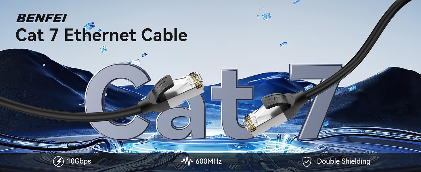 Text reads 'Cat.7 Ethernet Cable'. Series of product images showing blue network cable against white background, featuring close-up details of the connector and cable thickness.