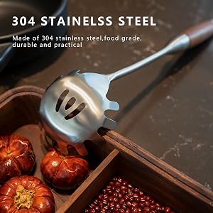 stainless steel cooking utensils; stainless steel kitchen utensils; wooden pasta spoon