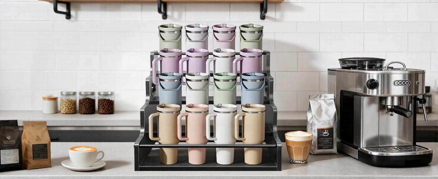 4 tier storage rack for tumblers and mugs, sturdy wood organizer for kitchen pantry space.