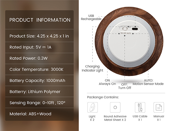 USB port, 1000mAh battery, 3000K warm LED