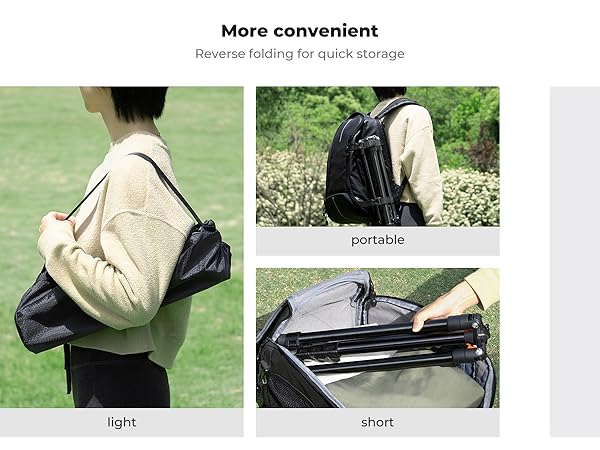 Foldable backpack showcased in three views: worn as shoulder bag, as backpack, and being folded. Features reverse folding for quick storage, described as light, portable, and short when folded.