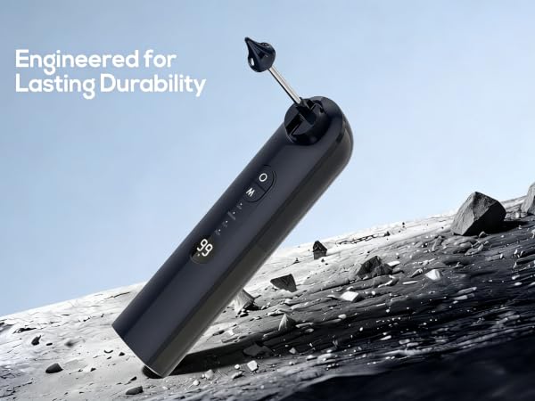 Text reads 'Engineered for Lasting Durability'. Black cylindrical device shown at an angle against a light background, highlighting its durability-focused design.