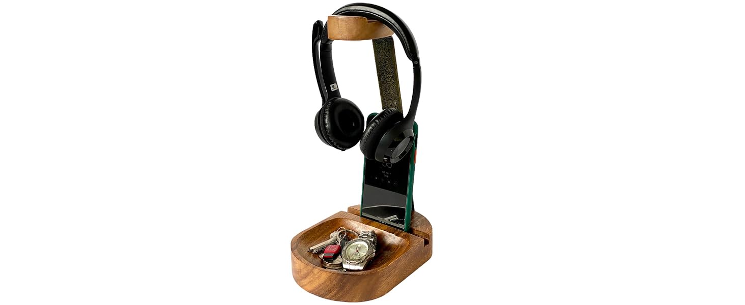Soporte de auriculares y cellular wood headset iPhone stand holder desk organizer accessory tray