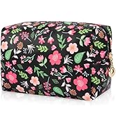 Floral Waterproof Makeup Bag, Leather Cosmetic Bag with Compartments, Zipper Make up Pouch Organi...