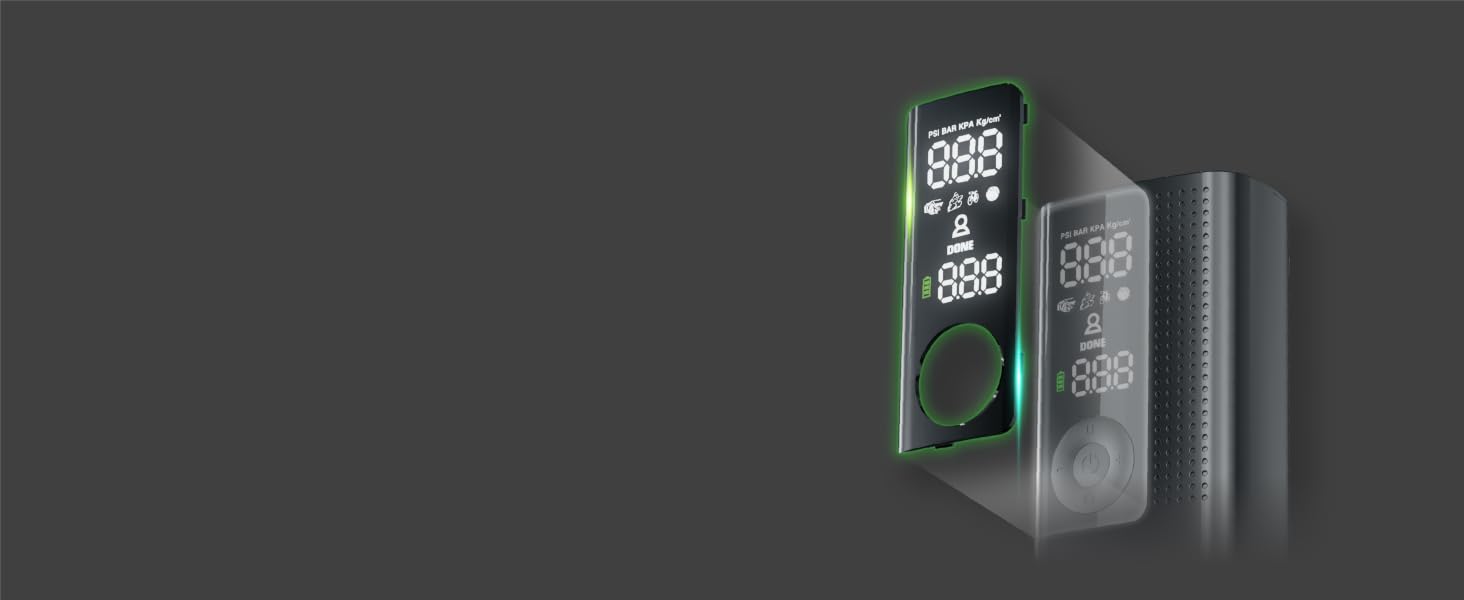 Automoto tire inflator with digital display connected to car tire during inflation