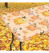 Smiry Pumpkin Picnic Tablecloth, Waterproof Elastic Fitted Table Covers for 6 Foot Tables, Wipeab...