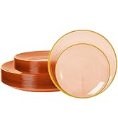 N9R 60PCS Orange Plastic Plates with Gold Rim, Elegant Disposable Plates, Circular Ribbed Design,...