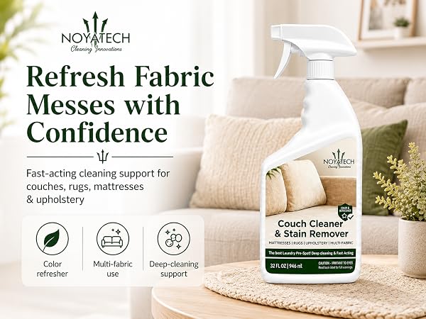 Spray bottle of NOYATECH Couch Cleaner & Stain Remover beside a clean beige couch in a sunlit room