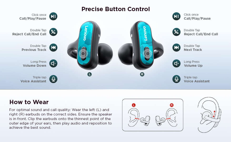 Lenovo Open-Ear Clip-on Earbuds X500- Precise control, Easy to wear