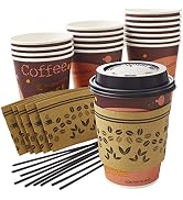 Leak-free Decorative 12 Oz Disposable Coffee Cup 50Pk Set With Sleeves, Lids, and Stirrers. Recyc...