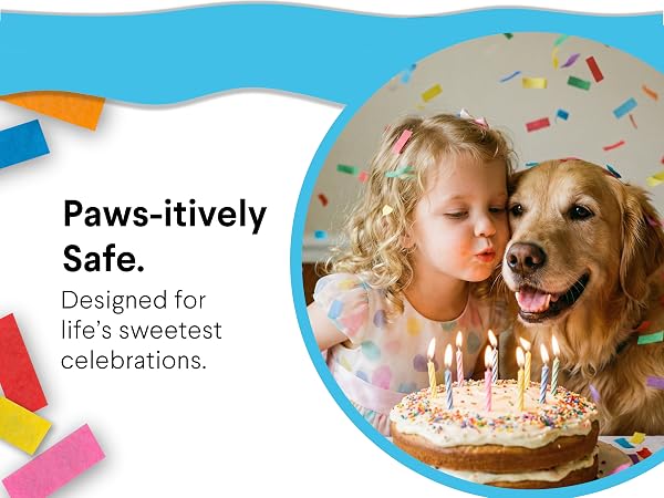 Pet safe option, Little girl kissing golden retriever at birthday celebration with confetti and cake