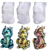 Colorful metallic dragon figurines in blue, yellow, and pink. Each has a scaly texture and reflective surface. Above are white, translucent packaging shapes.