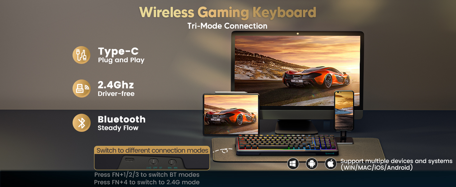 3 mode Bluetooth Wireless Gaming Keyboard