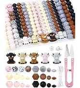 FIVEIZERO 185PCS Silicone Focal Beads for Keychain Making, Animal Cow, Round, Lentil, Hexagon, Pr...