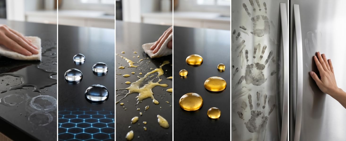 panel comparison of different surfaces and messes SqueCle can help stop