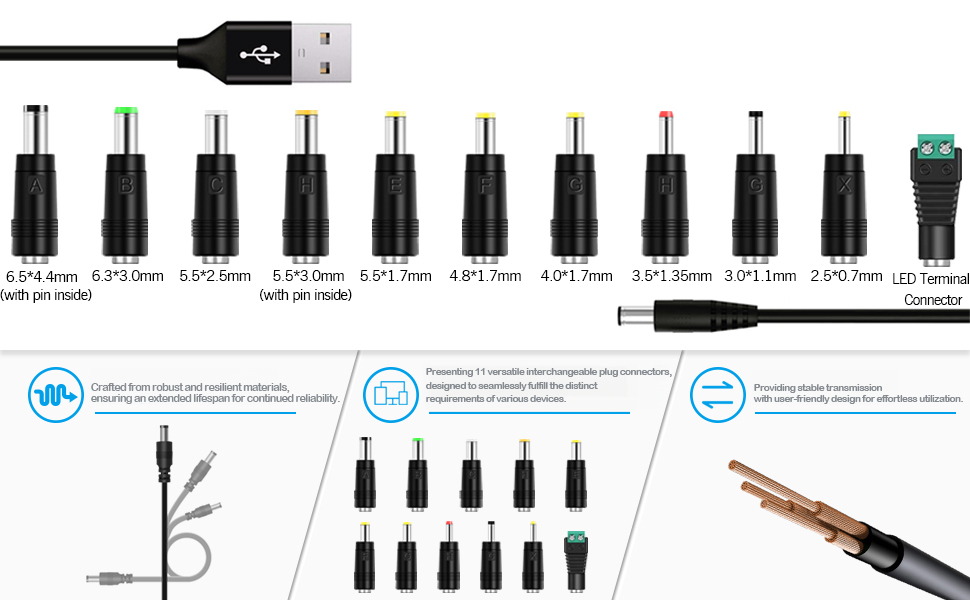 USB to DC 5V Power Cable with 11 Interchangeable Jack Connectors