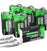 Rechargeable 9V Batteries, 1300mAh 9 Volt Lithium-ion Batteries Long Lasting 9V battery with 2 in...