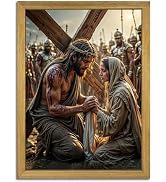 Wood Framed Jesus Carrying Cross Wall Art, Christian Religious Canvas Painting, Jesus and Woman P...