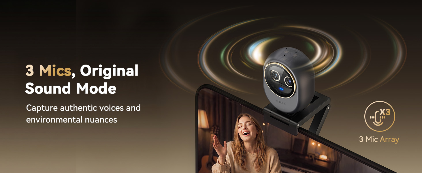 webcam with microphones, original sound mode preserves every vocal and environmental detail