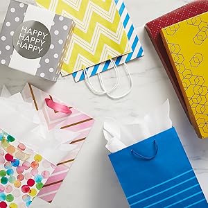 Colorful gift bags and gift boxes for birthdays, baby showers and special occasions