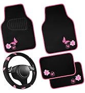 CAR PASS Embroidery Butterfly Steering Wheel Cover and Waterproof Car Floor Mats,Pink Car Mats 14...
