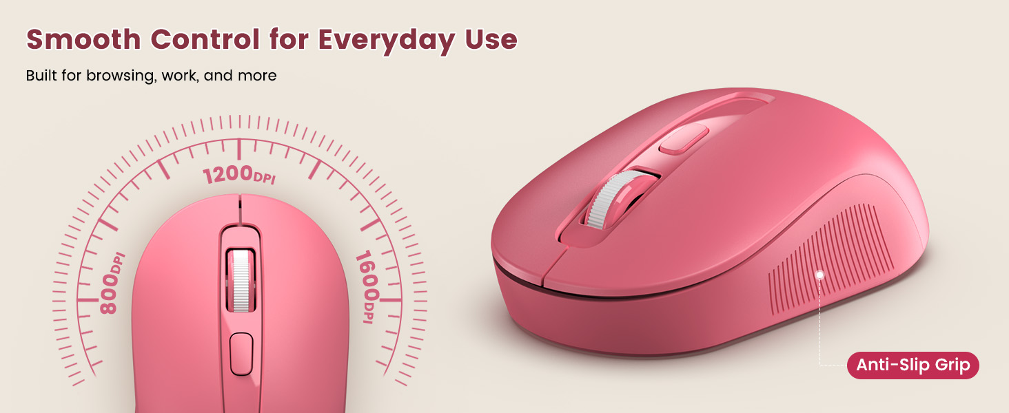 Pink wireless mouse with adjustable DPI and anti-slip grip for smooth control.