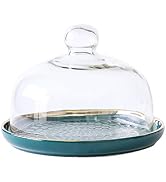 YARNOW Ceramic Tray with Dome Glass Dessert Cover Rustic Cake Stand Desert Platter Ceramic Servin...