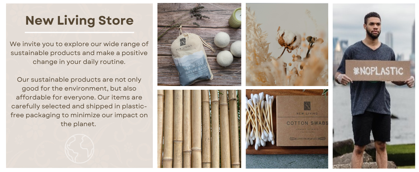 Text reads: 'New Living Store'. Composite image showing furniture products including storage shelves, wooden dowels/spindles, wooden furniture pieces, and man holding wooden item in home setting.