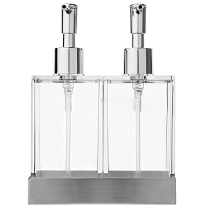 Acrylic Twin Liquid Soap and Lotion Dispenser Set with Caddy - Double Soap Dispenser for Kitchen