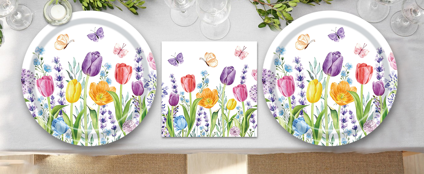 Spring Tulip Floral paper plates and napkins