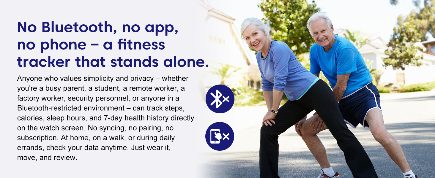 No-Bluetooth fitness tracker: steps, calories, sleep, 7-day data. For busy parents, factory workers.
