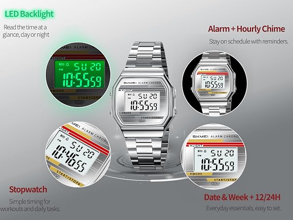 Square digital features LED backlight alarm hourly chime stopwatch date and week 12/24 hour format