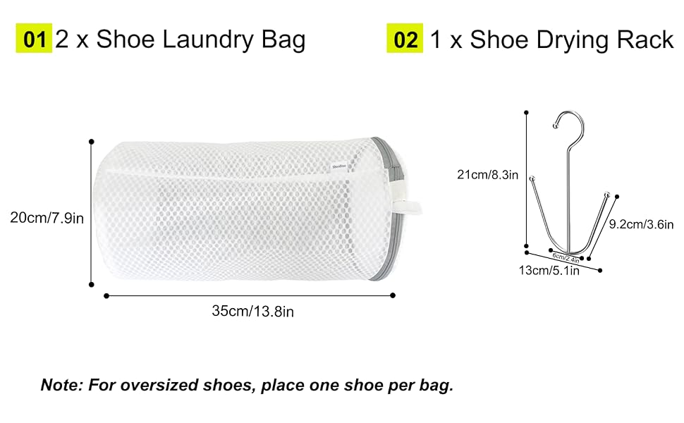 shoe laundery bag size:13.8*7.9inch;shoe drying rack size:8.3*5.1in