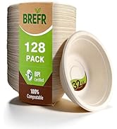 BREFR 128 Pack 32oz Compostable Bowls, Biodegradable Heavy Duty Large Bowls – Eco-Friendly Sugarc...