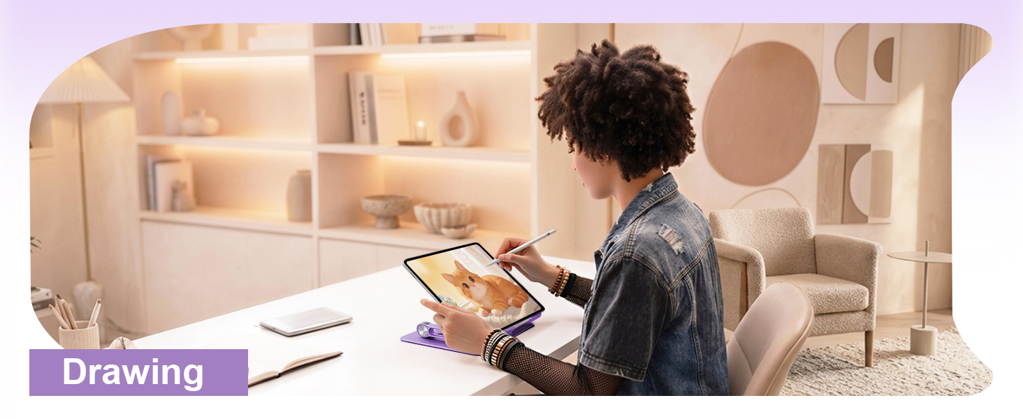 Young artist using adjustable iPad stand for digital art, studying and online learning daily