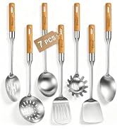 Stainless Steel Cooking Utensils Set with Wooden Handle, 7 Pcs Long Kitchen Utensil Set Stainless...