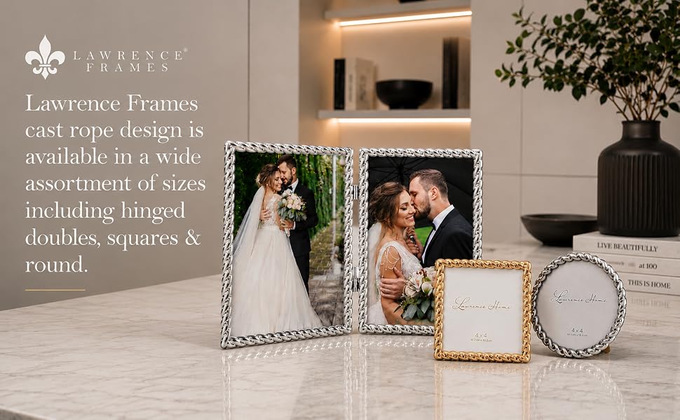 Rope design picture frames ranging from gold, silver, and brushed nickel