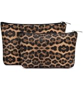 Wandering Nature Small Makeup Bag, 2 Pack, Brown Leopard Print | Vegan Leather, Zipper Closure, T...
