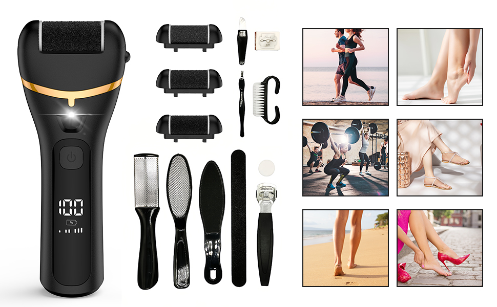 Electric foot file with LED display and multiple attachments. Includes brushes, pumice stones, and cleaning tools. Accompanied by images showing various foot care scenarios and activities.
