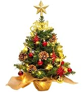 24 Inch Tabletop Mini Christmas Tree, Miniature Pine Christmas Tree with Hanging Ornaments, Batte...