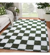 KICMOR Area Rugs for Bedroom Living Room, 4x6 Soft Fluffy Olive Green and White Checkered Shag Ru...