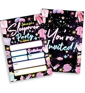 Sahjzk Sleepover Party Invitations, 20 Double-Sided Fill-In Neon Themed Slumber Party Birthday In...