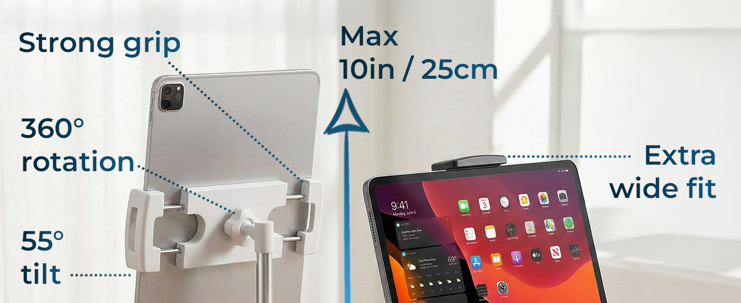 iPad stand tripod with strong grip, 360° rotation and tilt; ideal iPad Mini and iPad A16 accessories