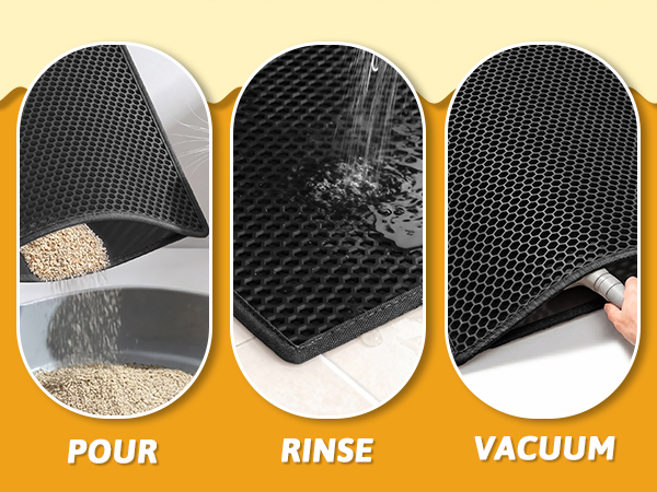 Text reads "POUR", "RINSE", "VACUUM". Three-panel instructional display showing black textured mat demonstrating water pouring, rinsing, and vacuuming cleaning methods with orange border accents.