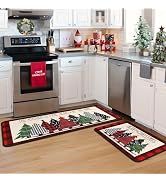 Buffalo Plaid Xmas Trees Merry Christmas Red Kitchen Rugs Set of 2, Non Skid Washable Soft Comfor...